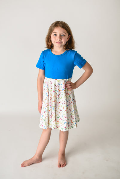 ARABIC  ALPHABET TWIRL DRESS - BLUE